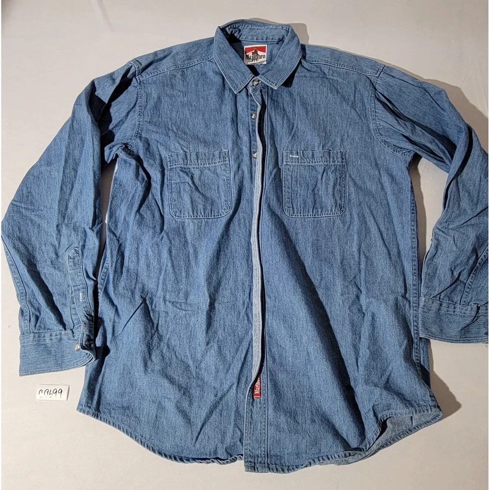 Vintage Marlboro Adventure Team Blue Denim Button Down Shirt Mens XL Made in USA